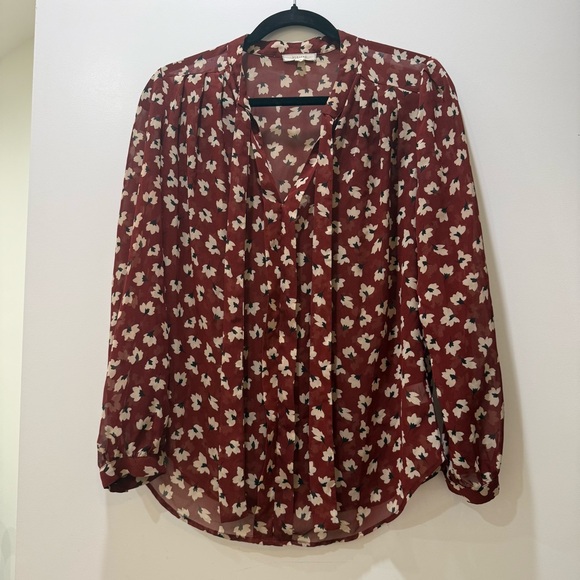 Pleione Tops - Burgundy Floral V-Neck Long-Sleeve Blouse